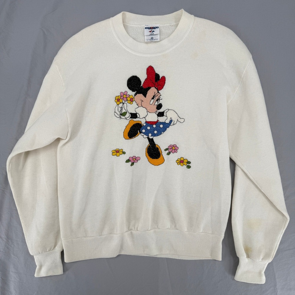 Vintage Jerzees Minnie Mouse Disney Crewneck‎ Sweatshirt Off White USA Made M